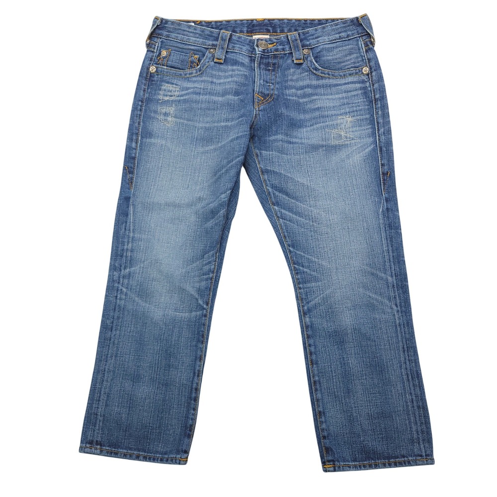True Religion Women's‎ Jeans Size 29 Straight Leg Relaxed Blue Distressed  Crop